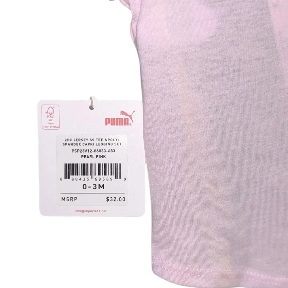 PUMA Baby Girls 2-Piece Outfit Set 0-3M Pink Glitter Logo Top & Capri Leggings - Picture 4 of 9